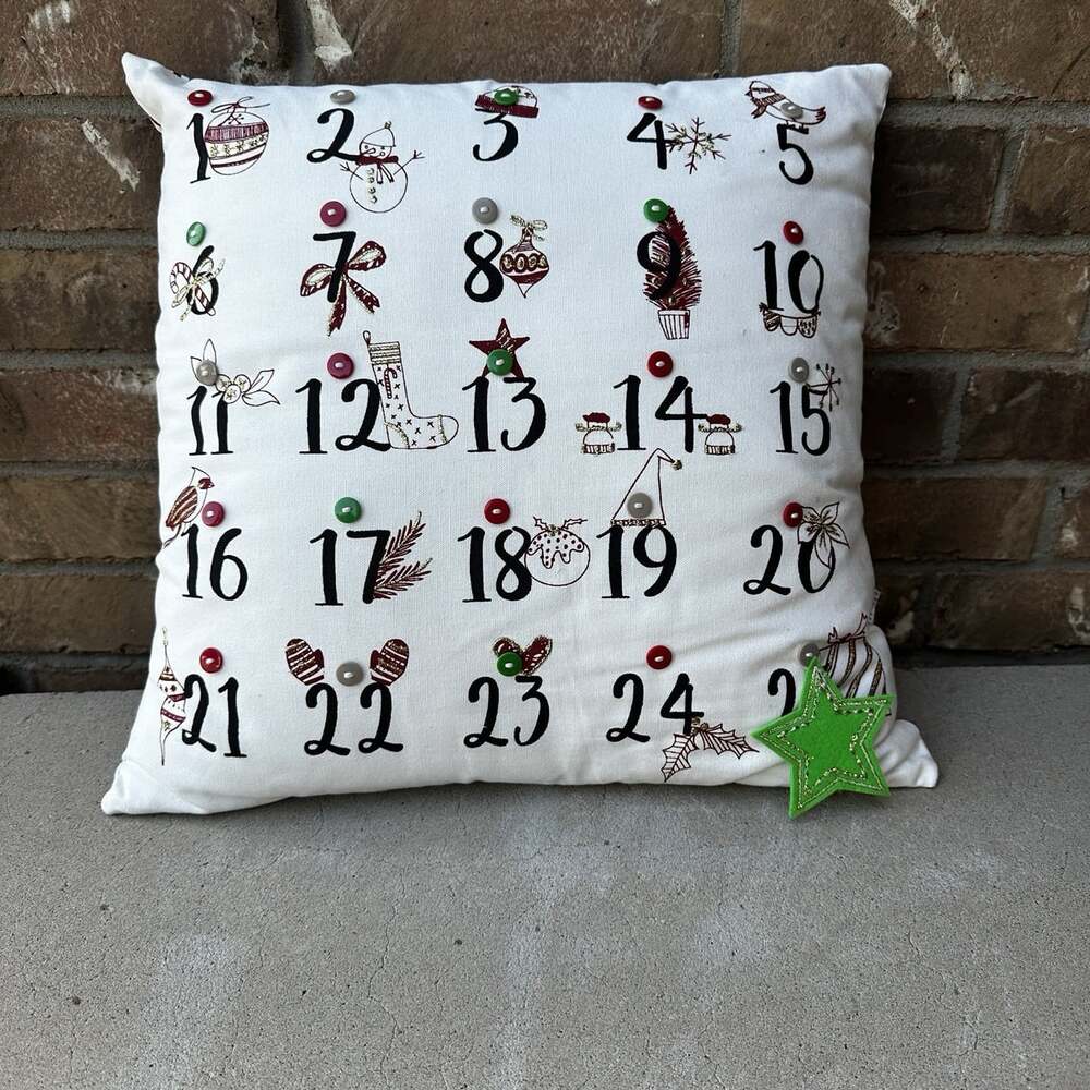 Christmas Square Advent Calendar Throw Pillow 18"x18" Button Detail Countdown